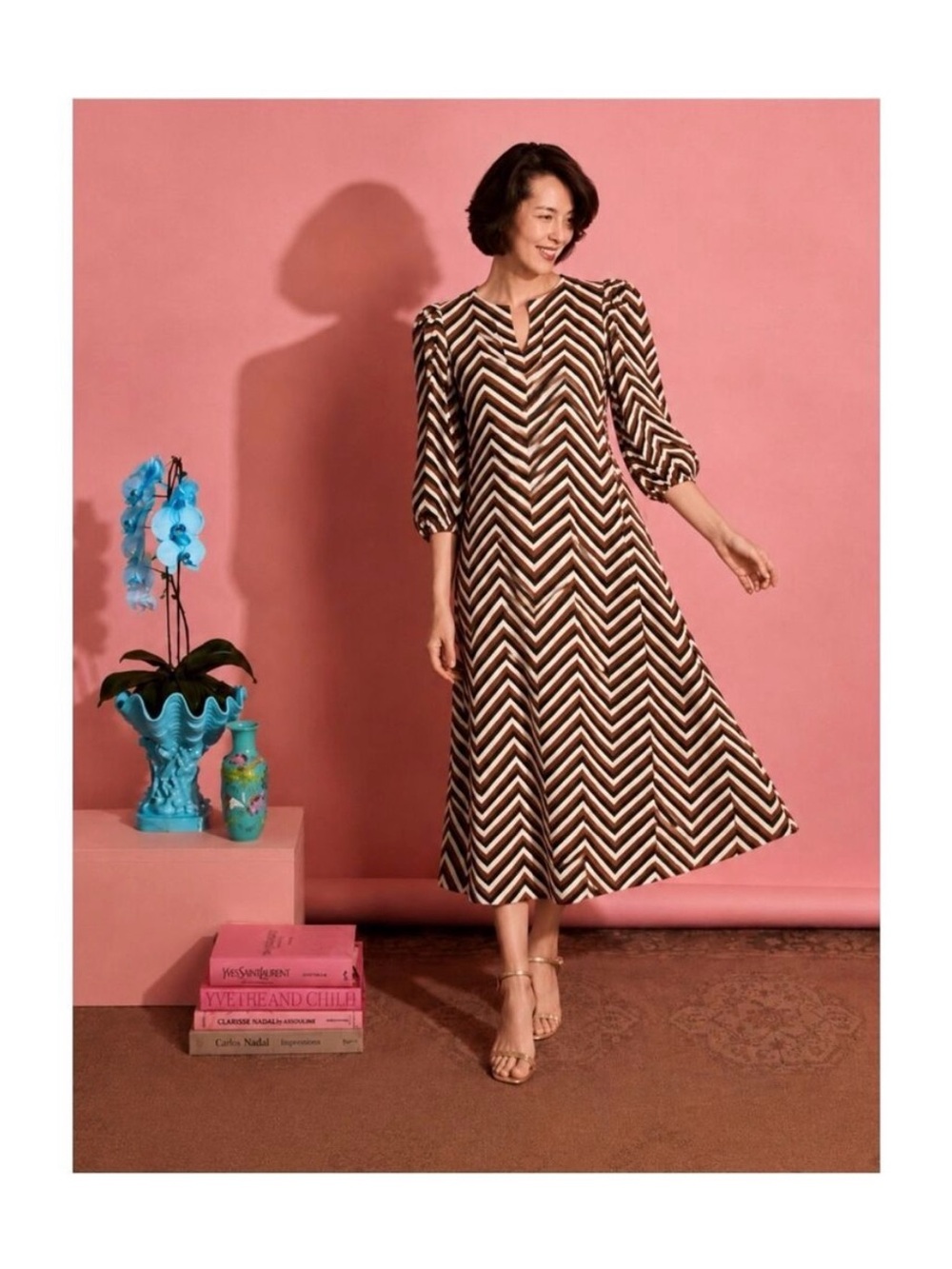 Striped Chevron Long-Sleeve Midi Dress in Brown and Cream